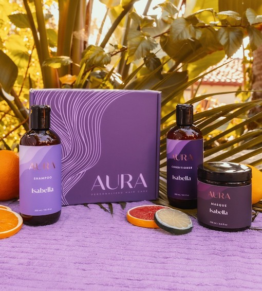 Aura personalized hair box with custom shampoo, conditioner, and mask