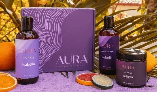 Aura personalized hair box with custom shampoo, conditioner, and mask