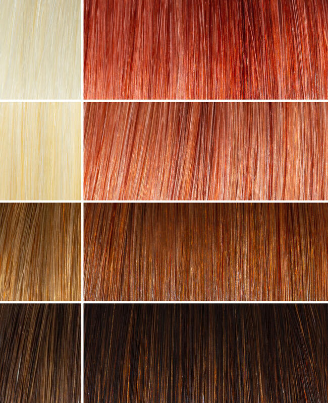 AURA ash copper hair mask before and after swatches on various blonde and brunette hair shades