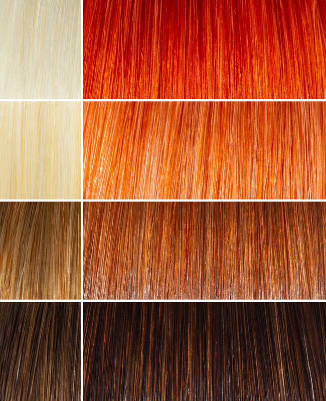 AURA copper ash hair mask before and after swatches on various blonde and brunette hair shades