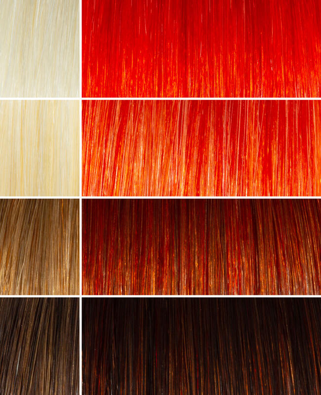 AURA copper red hair mask before and after swatches on various blonde and brunette hair shades