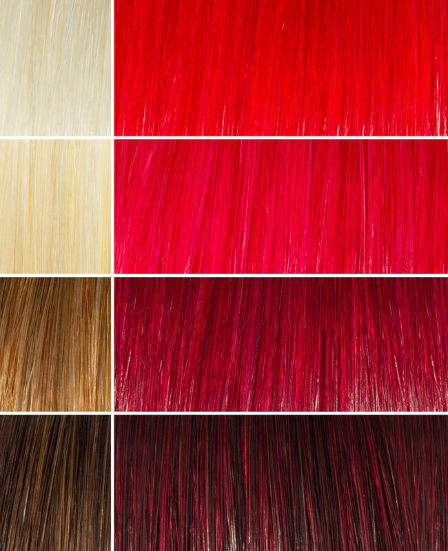 AURA london red hair mask before and after swatches on various blonde and brunette hair shades
