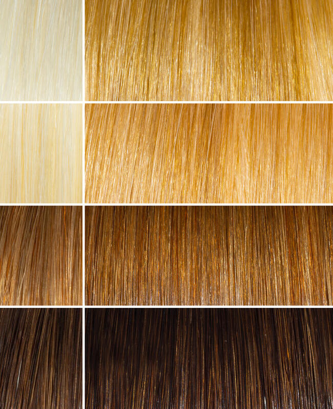 AURA dark blonde hair mask before and after swatches on various blonde and brunette hair shades