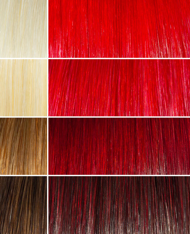 AURA granada red hair mask before and after swatches on various blonde and brunette hair shades