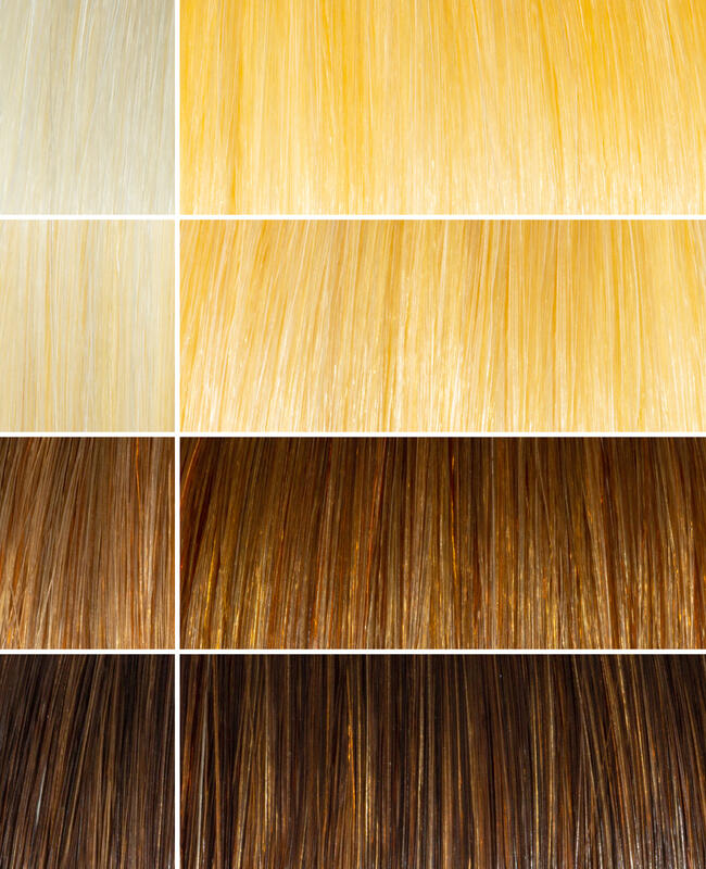 AURA golden hair mask before and after swatches on various blonde and brunette hair shades