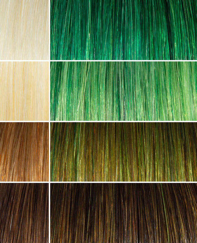 AURA baltic green hair mask before and after swatches on various blonde and brunette hair shades