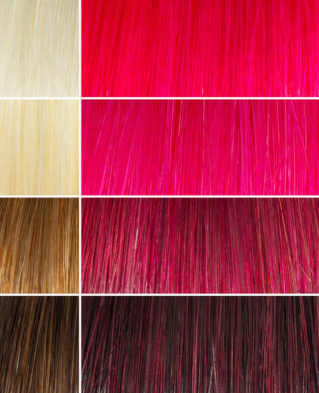 AURA miami pink hair mask before and after swatches on various blonde and brunette hair shades