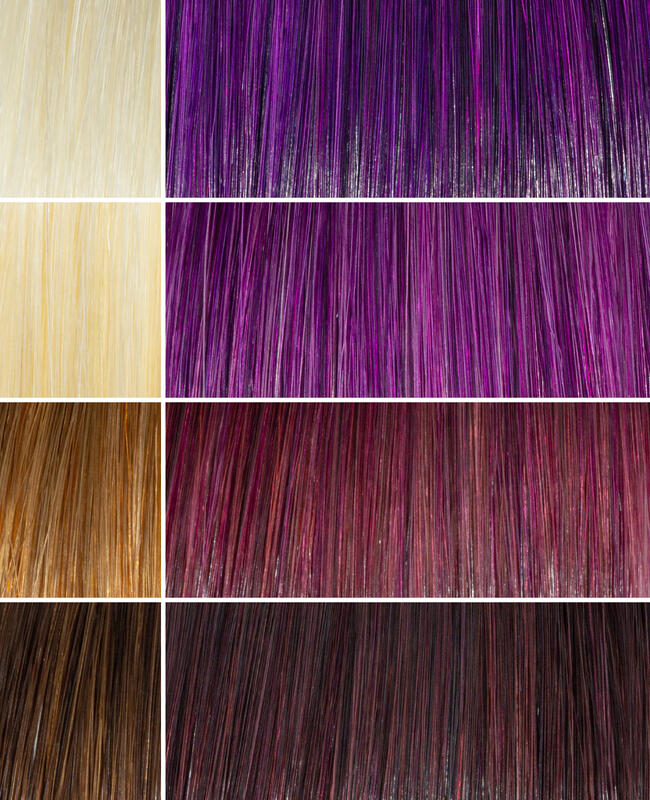 AURA kyoto purple hair mask before and after swatches on various blonde and brunette hair shades