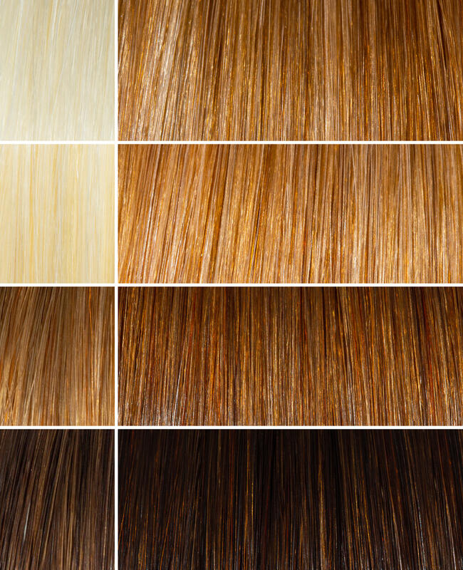 AURA light brunette hair mask before and after swatches on various blonde and brunette hair shades