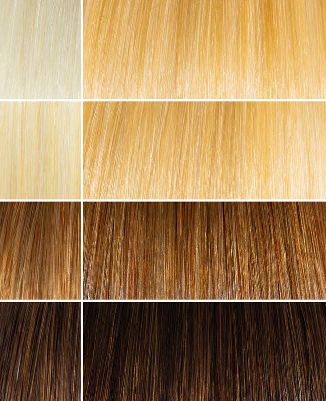 AURA light blonde hair mask before and after swatches on various blonde and brunette hair shades