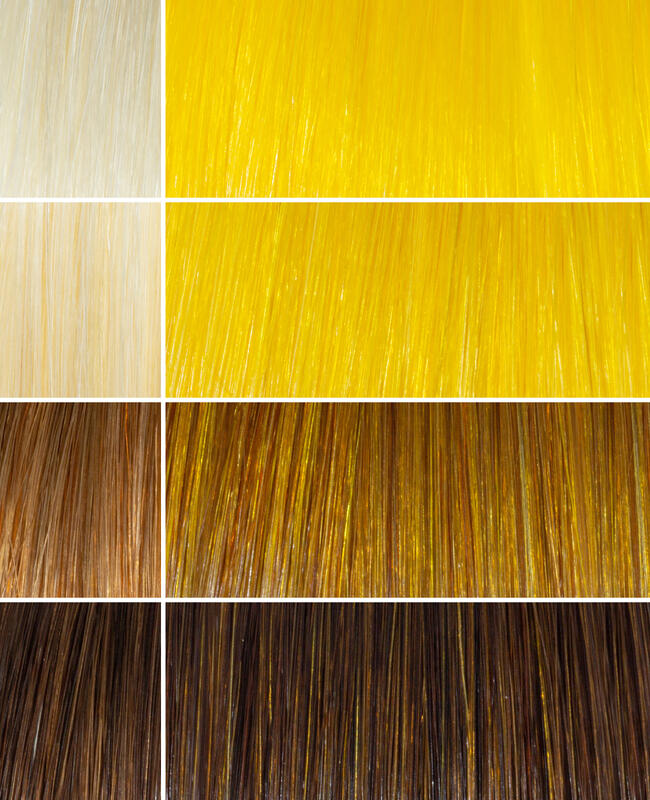 AURA cairo yellow hair mask before and after swatches on various blonde and brunette hair shades