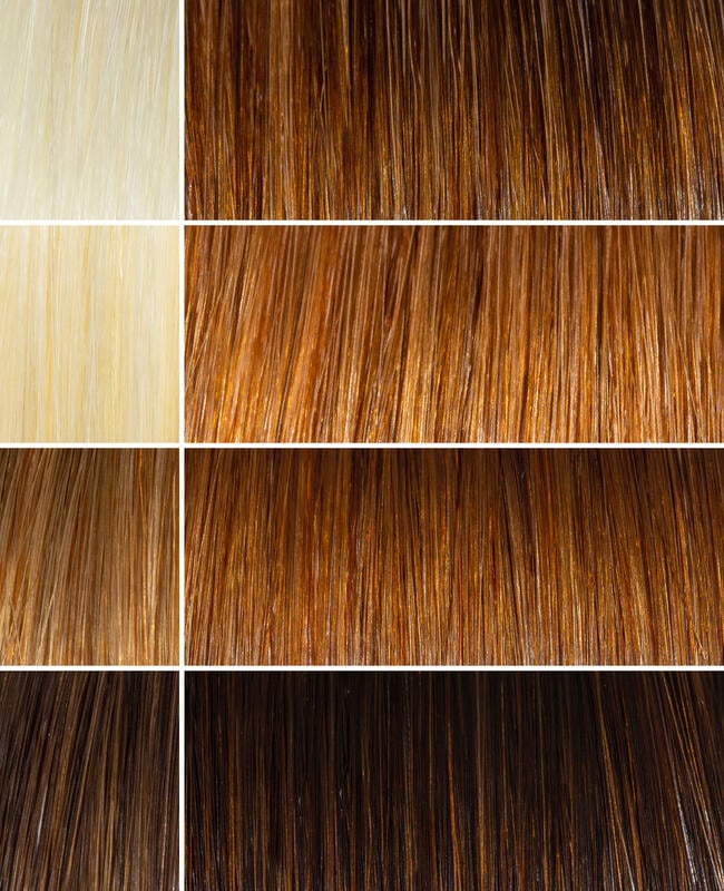 AURA medium brunette hair mask before and after swatches on various blonde and brunette hair shades