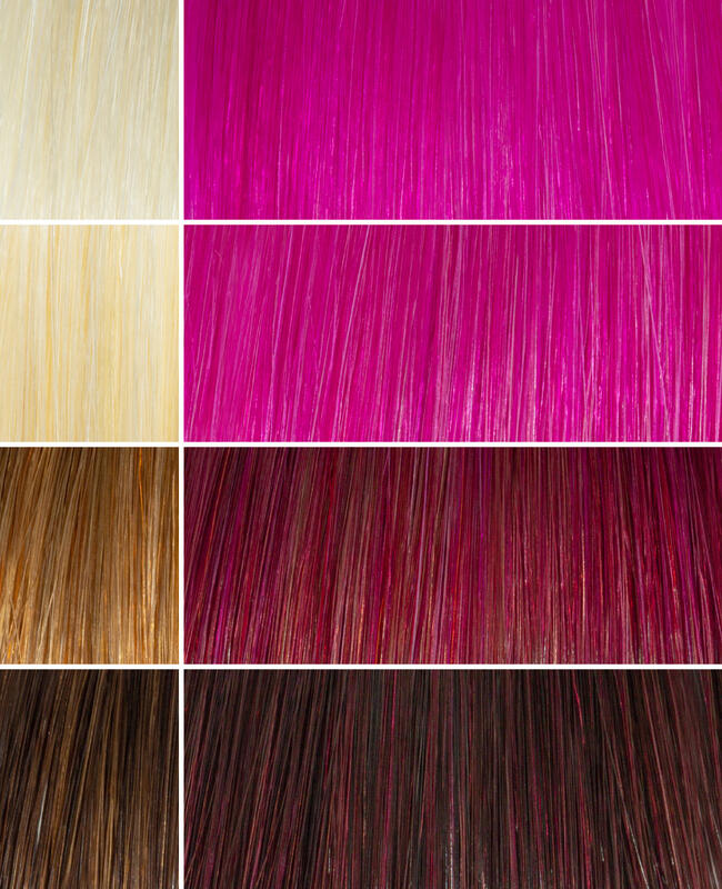 AURA monaco magenta hair mask before and after swatches on various blonde and brunette hair shades
