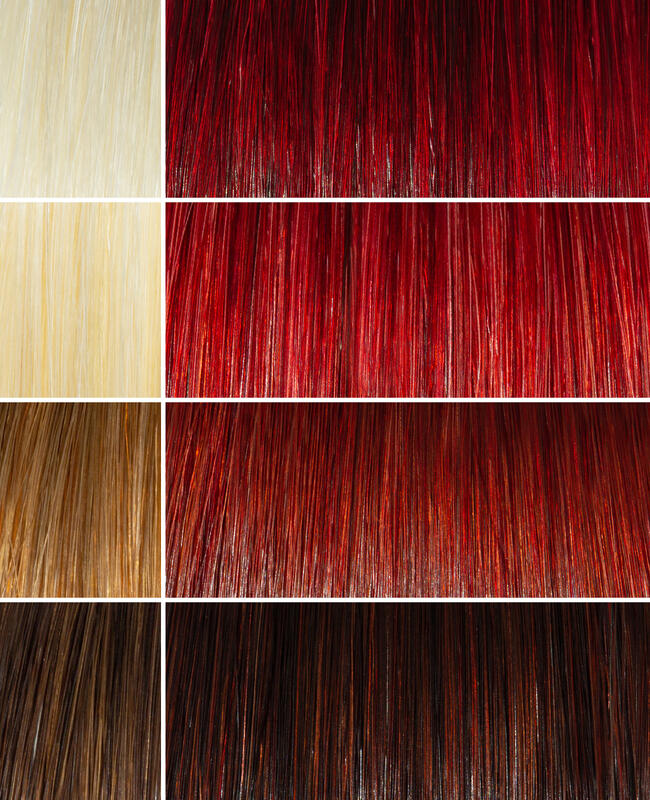 AURA mahogany hair mask before and after swatches on various blonde and brunette hair shades
