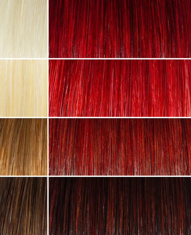AURA mahogany red hair mask before and after swatches on various blonde and brunette hair shades