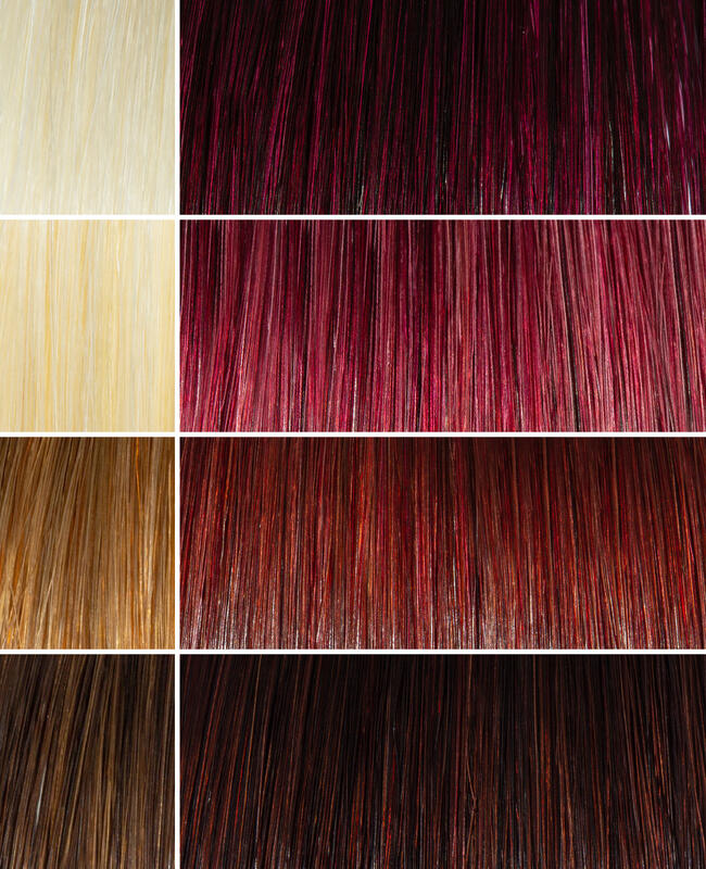 AURA pearl mahogany hair mask before and after swatches on various blonde and brunette hair shades