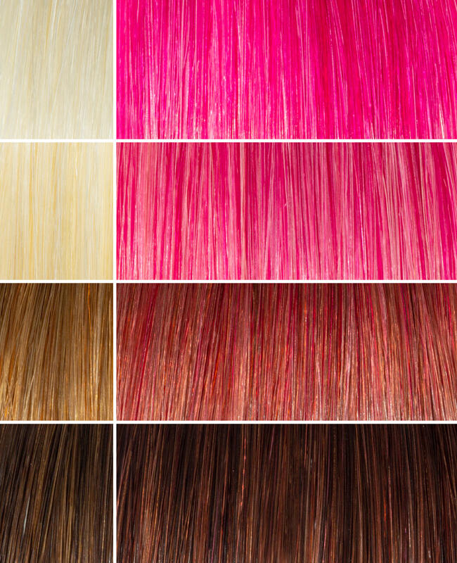 AURA tulum pink hair mask before and after swatches on various blonde and brunette hair shades