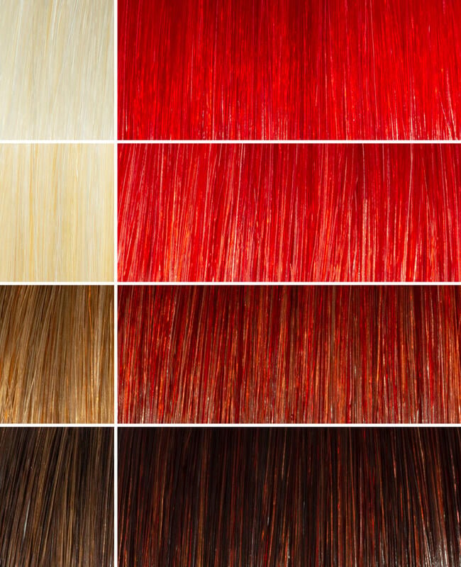 AURA red copper hair mask before and after swatches on various blonde and brunette hair shades