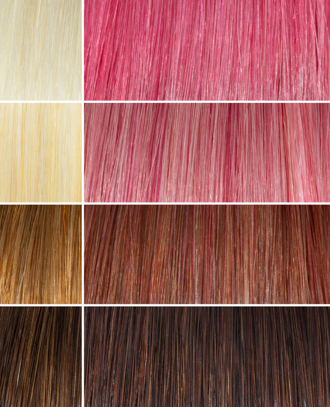 AURA rose gold hair mask before and after swatches on various blonde and brunette hair shades