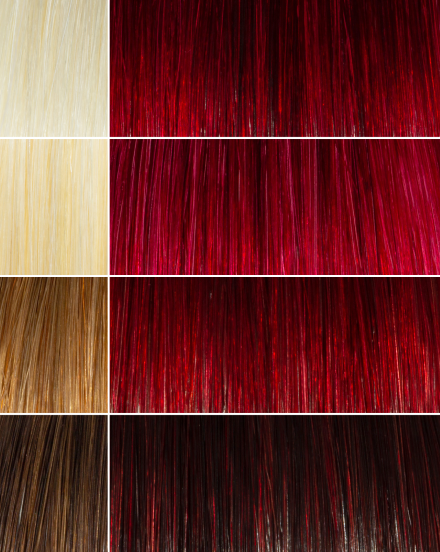 AURA sonoma red hair mask before and after swatches on various blonde and brunette hair shades