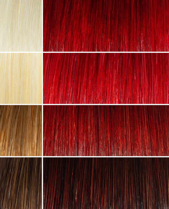 AURA red mahogany hair mask before and after swatches on various blonde and brunette hair shades