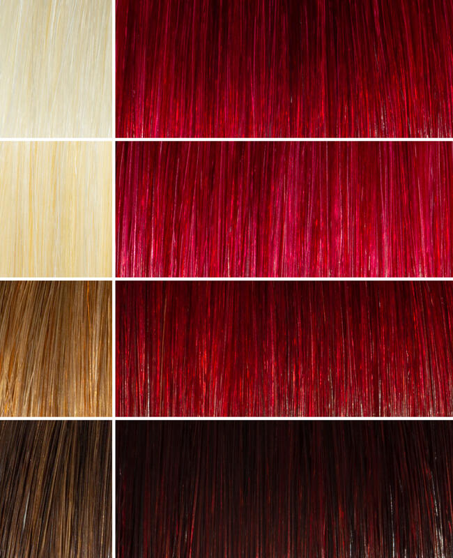 AURA red pearl hair mask before and after swatches on various blonde and brunette hair shades