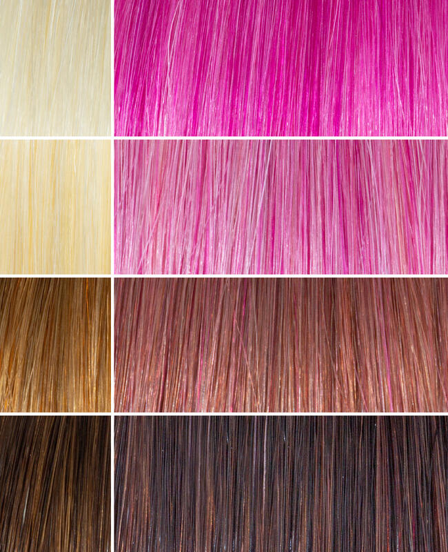 AURA jaipur rose hair mask before and after swatches on various blonde and brunette hair shades