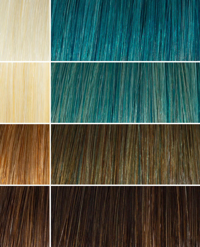 AURA maldives teal hair mask before and after swatches on various blonde and brunette hair shades