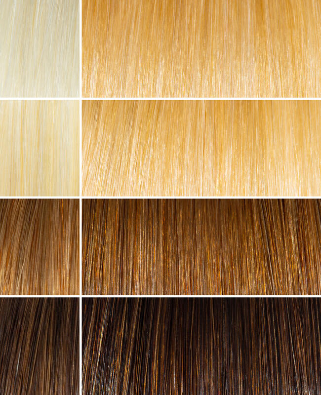 AURA warm beige hair mask before and after swatches on various blonde and brunette hair shades