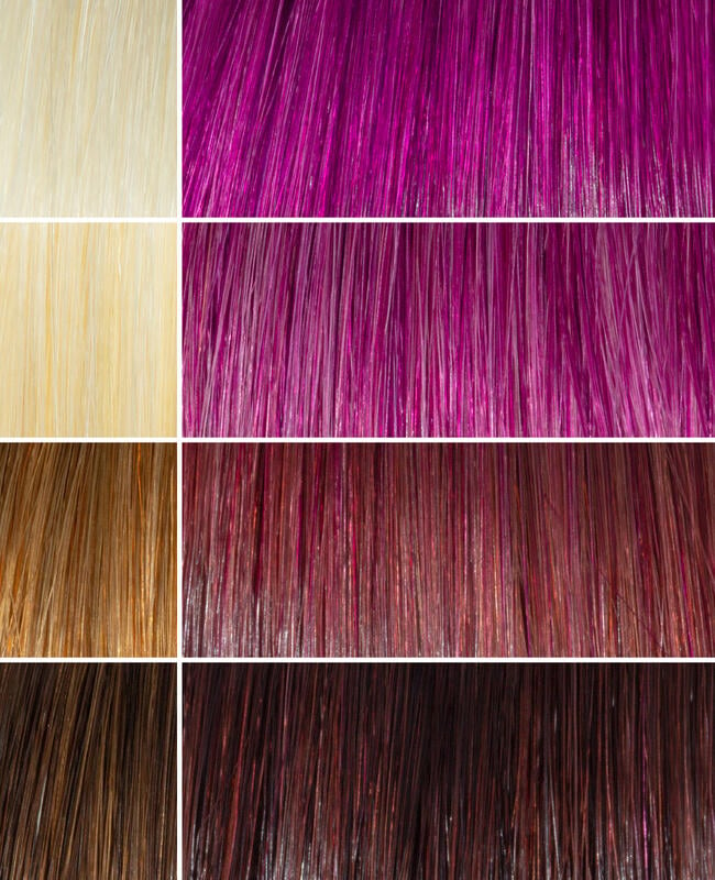 AURA fuji fuchsia hair mask before and after swatches on various blonde and brunette hair shades